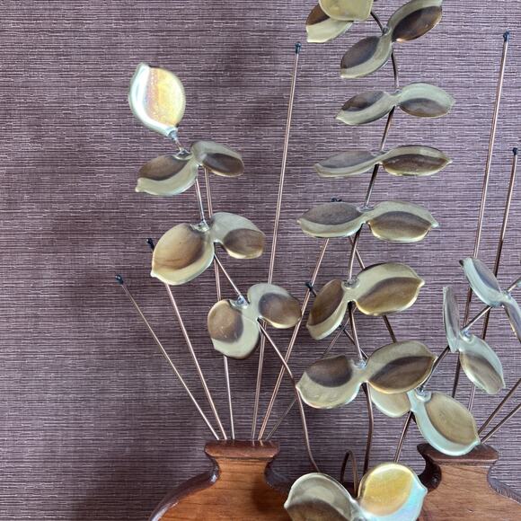 Vintage Metal Leaf Wood Vase Wall Hanging – Gold Eucalyptus Trio – Mid Century - Picture 3 of 14